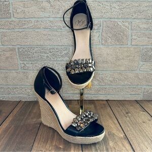 Colin Stuart Rhinestone Black Espadrille Jute Wedge Sandal / Size 7.5